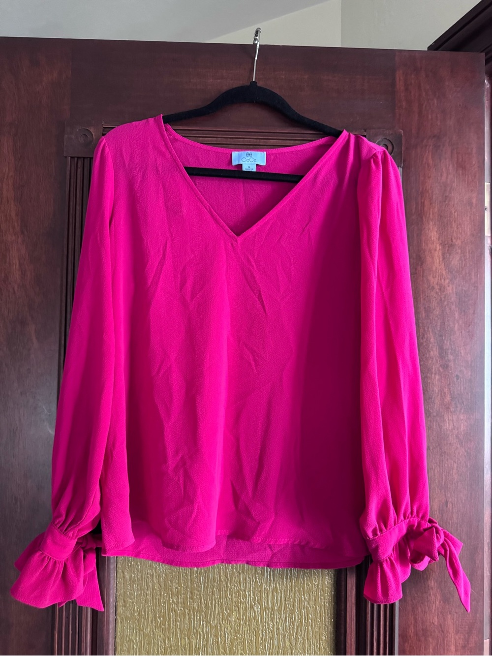 CeCe Bright Fuchsia V-Neck Blouse with Tie Cuffs